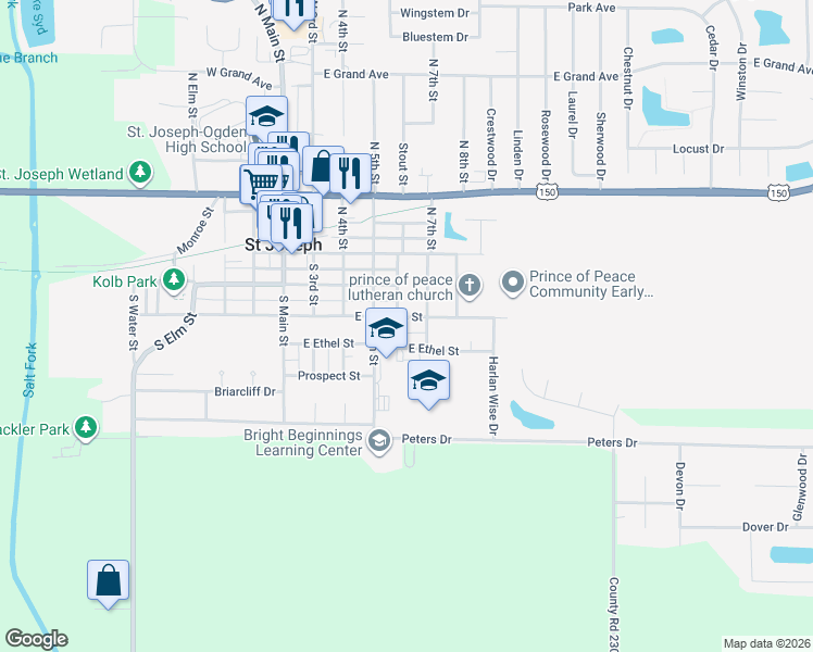 map of restaurants, bars, coffee shops, grocery stores, and more near 606 East Ethel Street in Saint Joseph