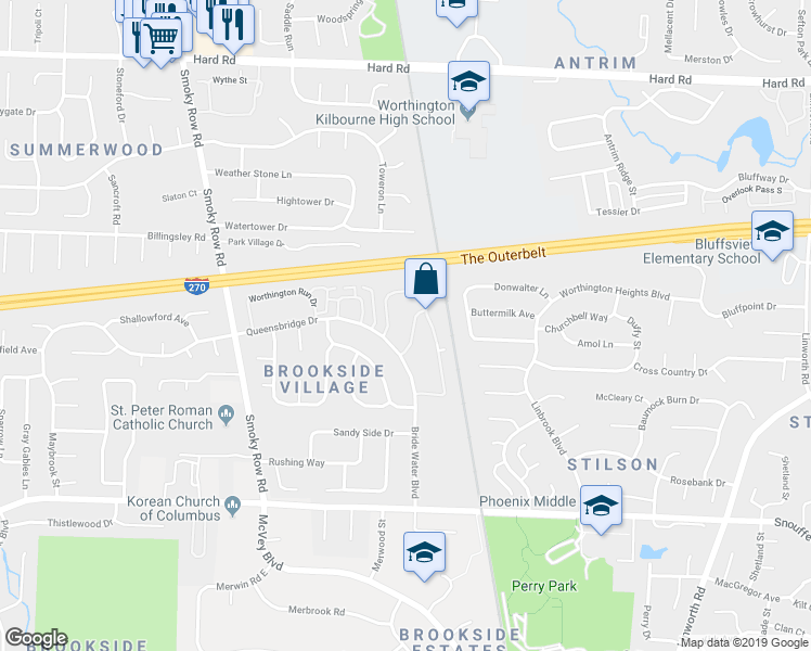 map of restaurants, bars, coffee shops, grocery stores, and more near 7399 Golden Springs Drive in Columbus