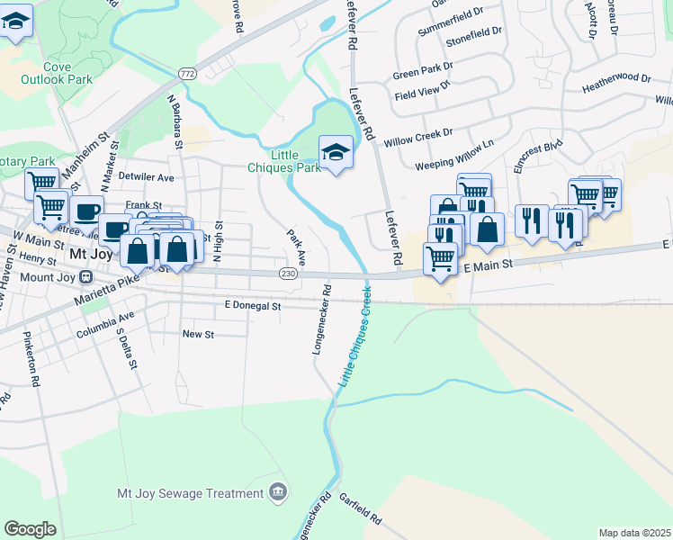 map of restaurants, bars, coffee shops, grocery stores, and more near 447 East Main Street in Mount Joy