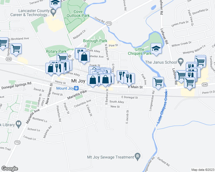 map of restaurants, bars, coffee shops, grocery stores, and more near E Main St & S Barbara St in Mount Joy