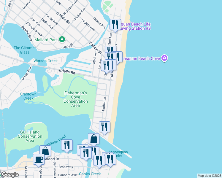map of restaurants, bars, coffee shops, grocery stores, and more near 297 Beach Front in Manasquan