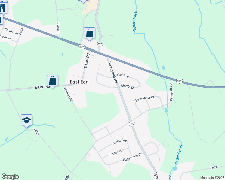 map of restaurants, bars, coffee shops, grocery stores, and more near 1306 Martin Street in East Earl