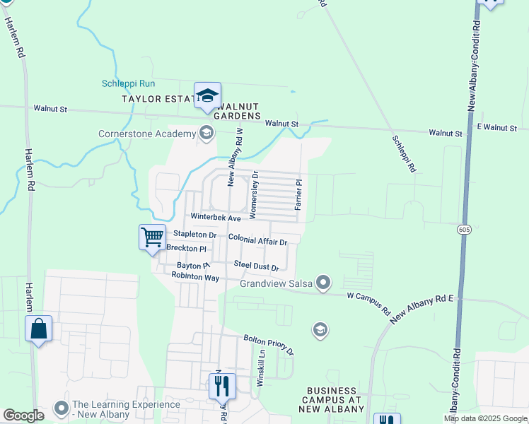 map of restaurants, bars, coffee shops, grocery stores, and more near 7183 Winterbek Avenue in New Albany