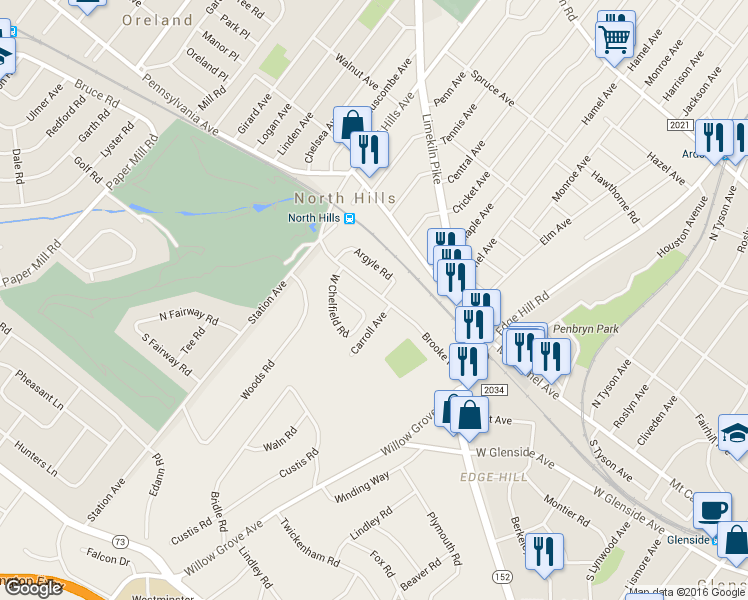map of restaurants, bars, coffee shops, grocery stores, and more near 712 Brooke Road in Glenside
