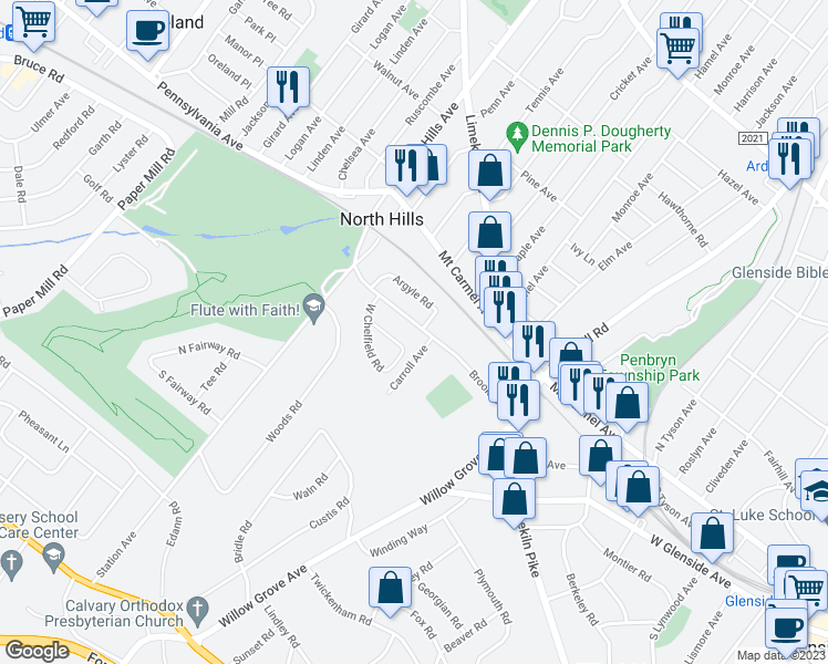 map of restaurants, bars, coffee shops, grocery stores, and more near 712 Brooke Road in Glenside