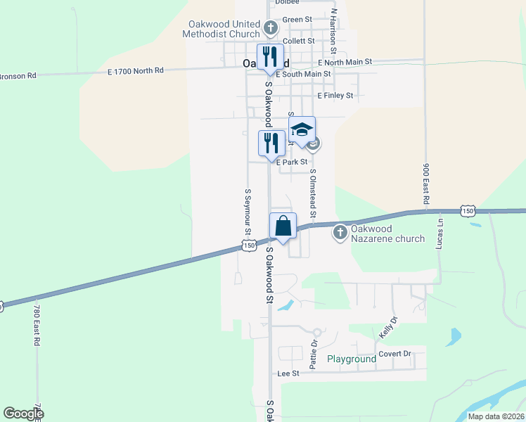 map of restaurants, bars, coffee shops, grocery stores, and more near 523-557 South Oakwood Street in Oakwood