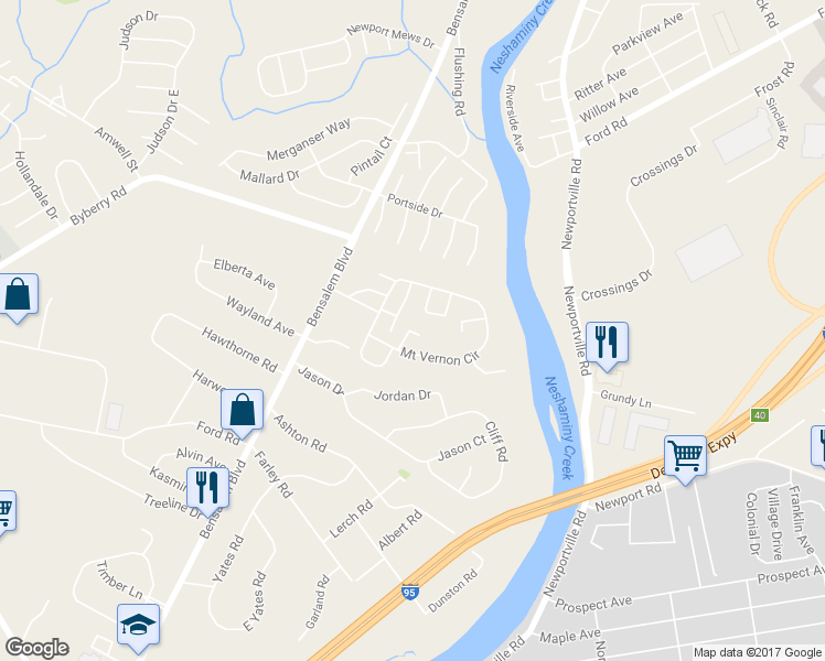 map of restaurants, bars, coffee shops, grocery stores, and more near 560 Trinity Court in Bensalem
