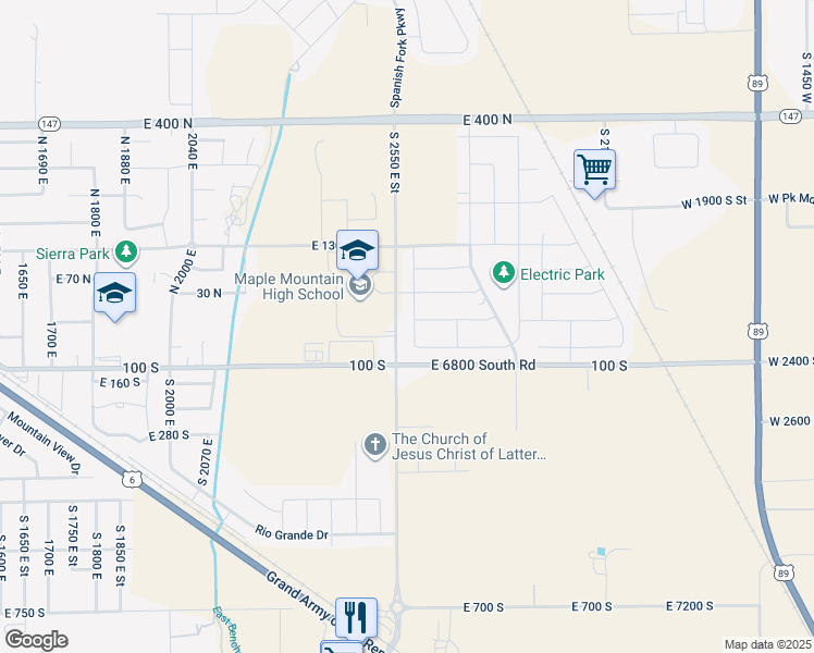 map of restaurants, bars, coffee shops, grocery stores, and more near 32 South 2560 East in Spanish Fork