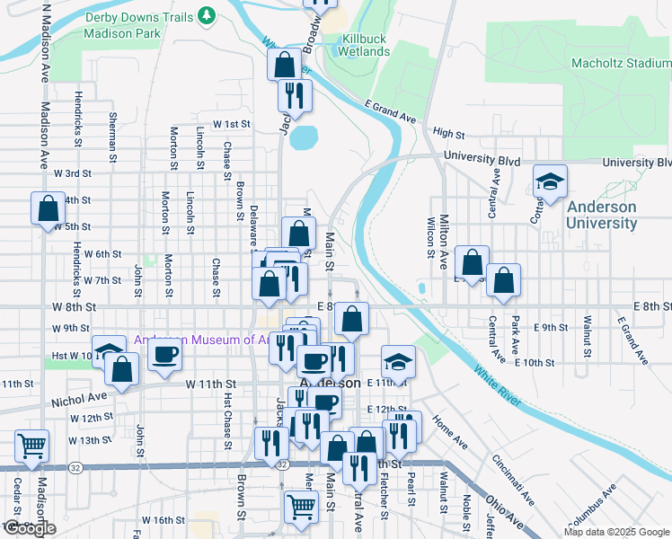 map of restaurants, bars, coffee shops, grocery stores, and more near 626 Main Street in Anderson