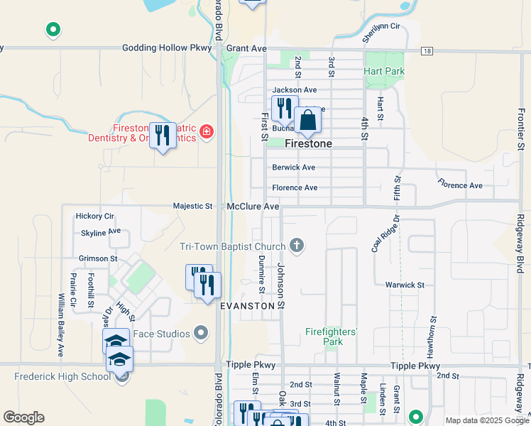 map of restaurants, bars, coffee shops, grocery stores, and more near 536 Dunmire Street in Frederick