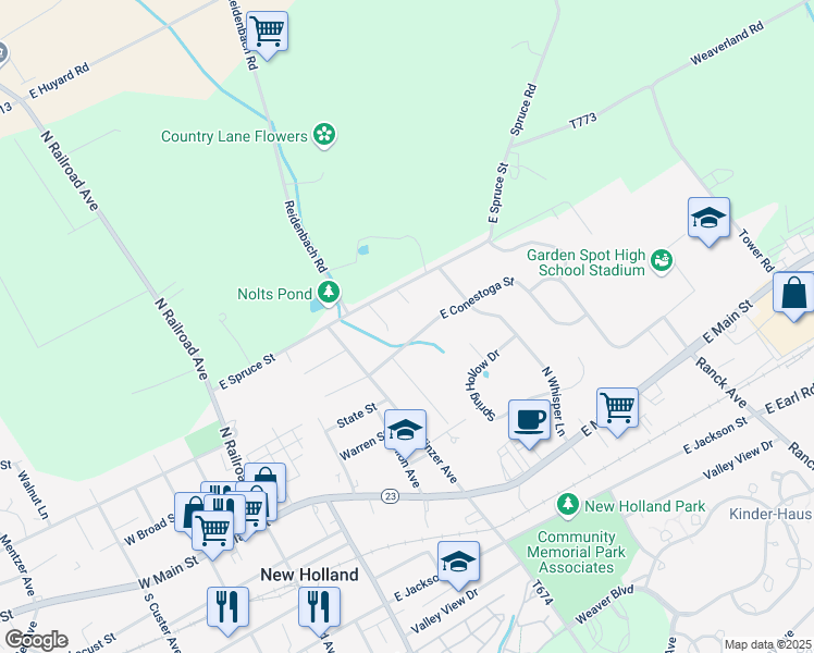 map of restaurants, bars, coffee shops, grocery stores, and more near 421 East Conestoga Street in New Holland