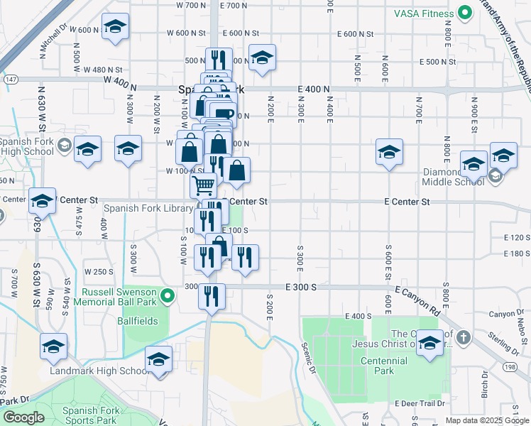 map of restaurants, bars, coffee shops, grocery stores, and more near 213 East Center Street in Spanish Fork