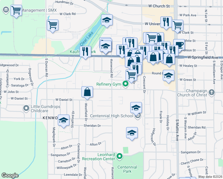 map of restaurants, bars, coffee shops, grocery stores, and more near 2318 West John Street in Champaign