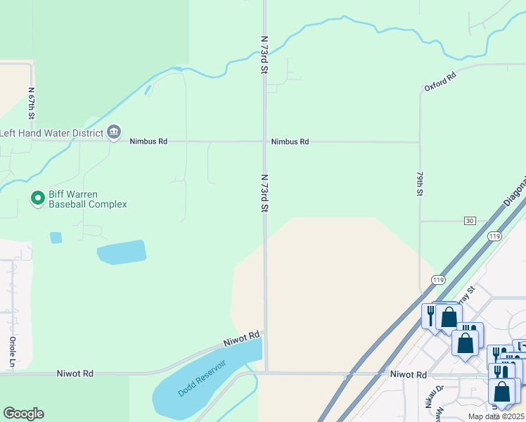 map of restaurants, bars, coffee shops, grocery stores, and more near 7431 North 73rd Street in Longmont