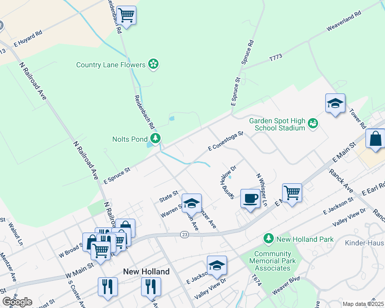 map of restaurants, bars, coffee shops, grocery stores, and more near 421 East Conestoga Street in New Holland