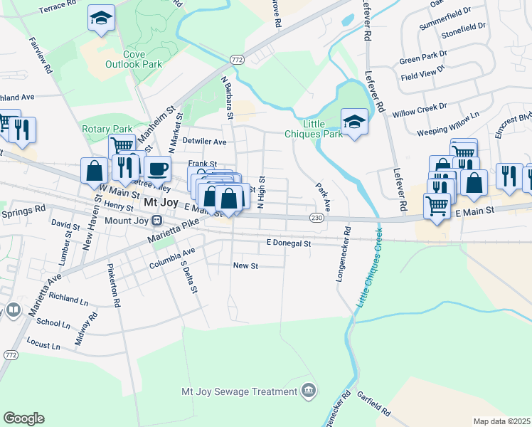 map of restaurants, bars, coffee shops, grocery stores, and more near 205 East Main Street in Mount Joy