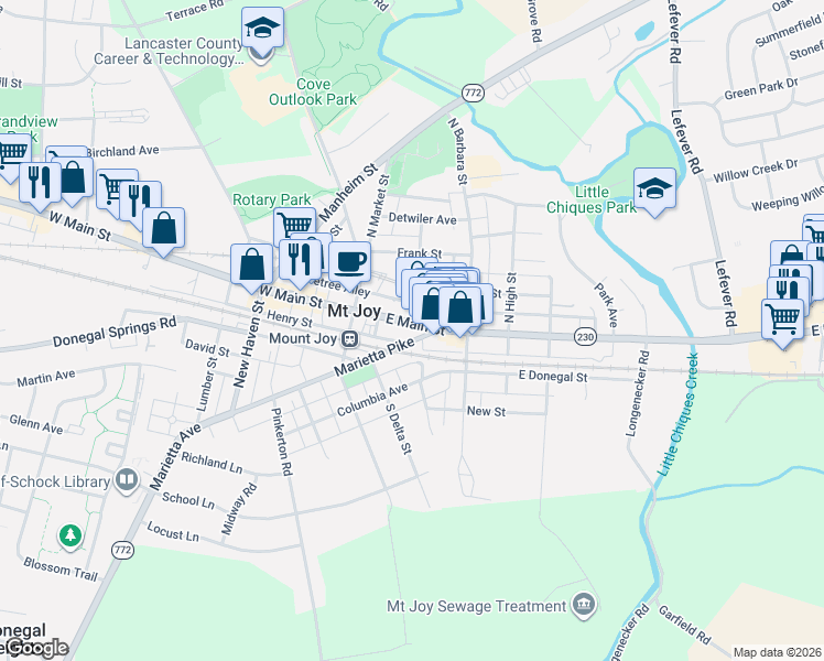 map of restaurants, bars, coffee shops, grocery stores, and more near 35 East Main Street in Mount Joy