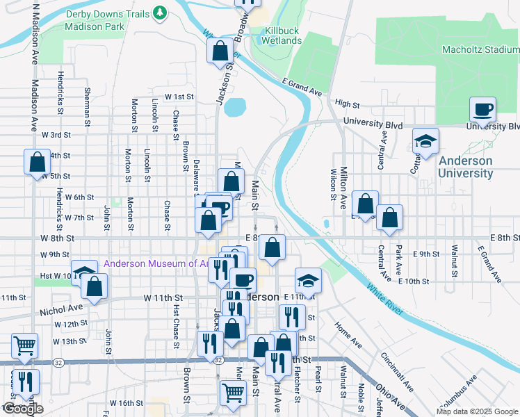 map of restaurants, bars, coffee shops, grocery stores, and more near 626 Main Street in Anderson