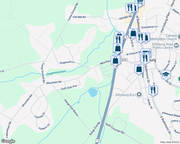 map of restaurants, bars, coffee shops, grocery stores, and more near 209 Mountain Road in Dillsburg