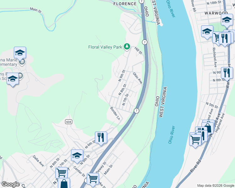 map of restaurants, bars, coffee shops, grocery stores, and more near 1308 North 9th Street in Martins Ferry