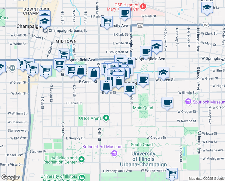 map of restaurants, bars, coffee shops, grocery stores, and more near 505 East Green Street in Champaign