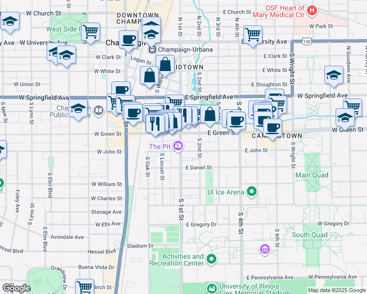 map of restaurants, bars, coffee shops, grocery stores, and more near in Champaign