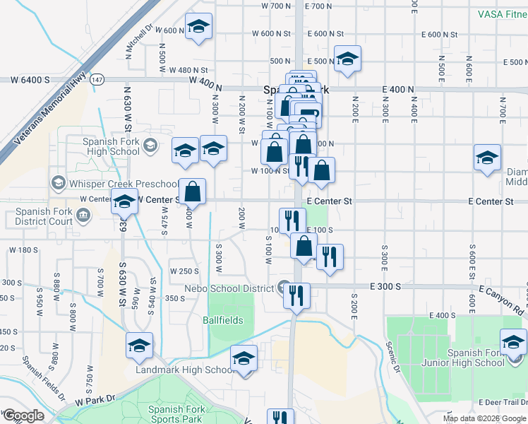 map of restaurants, bars, coffee shops, grocery stores, and more near 11 North 100 West Street in Spanish Fork