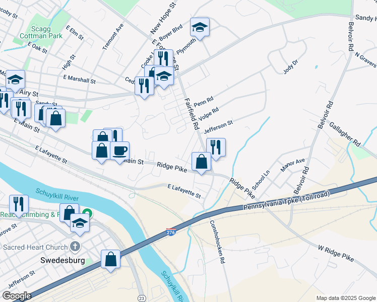 map of restaurants, bars, coffee shops, grocery stores, and more near 351 Jefferson Street in Plymouth Meeting