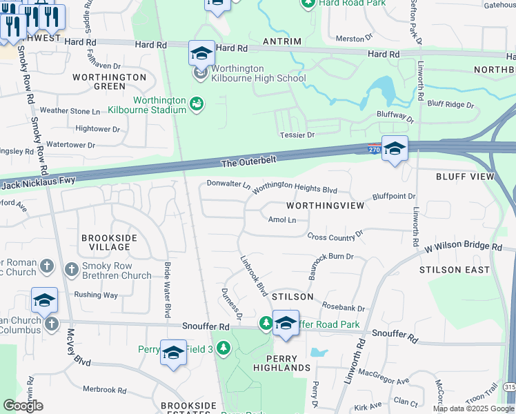 map of restaurants, bars, coffee shops, grocery stores, and more near 1273 Worthington Heights Boulevard in Columbus