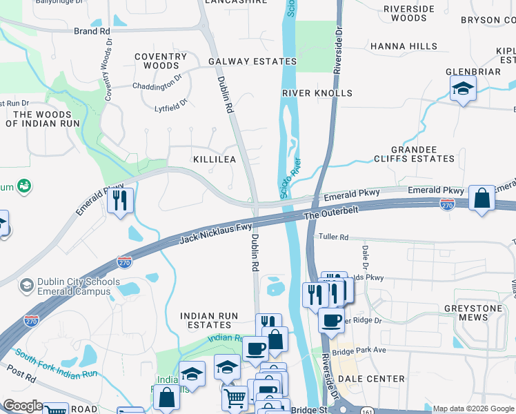 map of restaurants, bars, coffee shops, grocery stores, and more near 3 West Bridge Street in Dublin