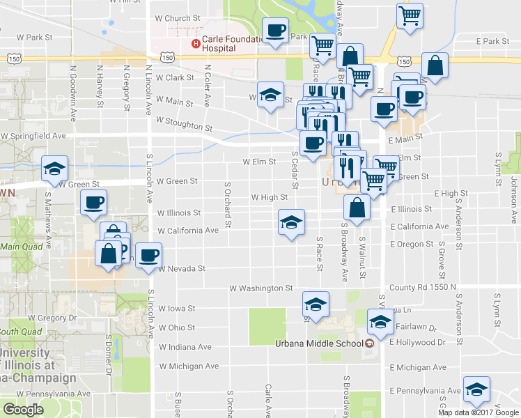 map of restaurants, bars, coffee shops, grocery stores, and more near 402 West High Street in Urbana