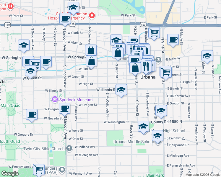 map of restaurants, bars, coffee shops, grocery stores, and more near 402 West High Street in Urbana