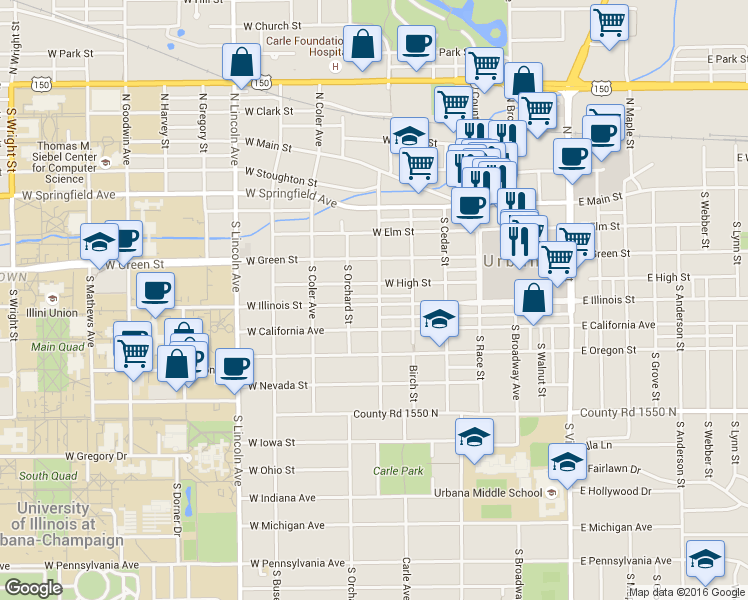 map of restaurants, bars, coffee shops, grocery stores, and more near 504 West High Street in Urbana
