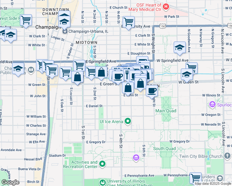 map of restaurants, bars, coffee shops, grocery stores, and more near 307 East Green Street in Champaign