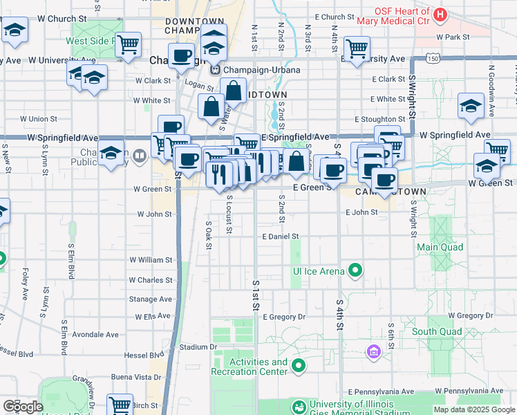 map of restaurants, bars, coffee shops, grocery stores, and more near in Champaign