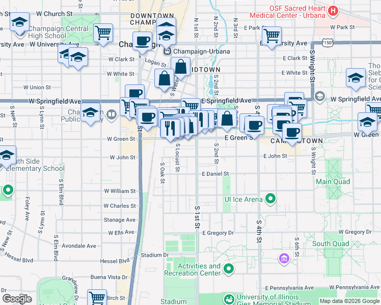 map of restaurants, bars, coffee shops, grocery stores, and more near in Champaign