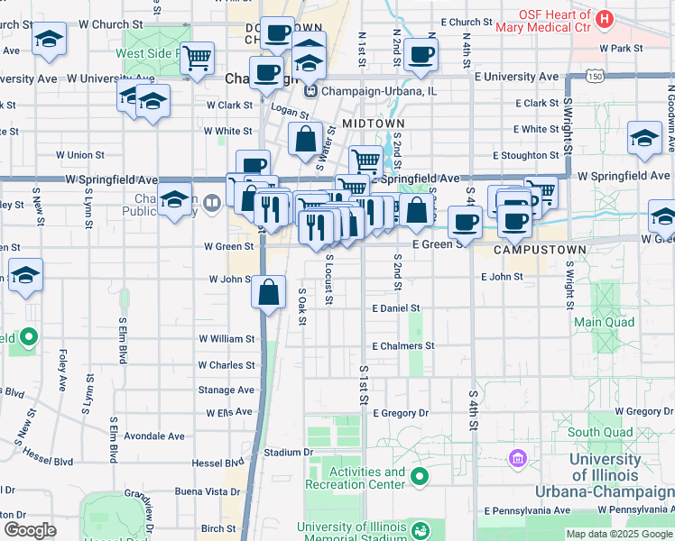 map of restaurants, bars, coffee shops, grocery stores, and more near 703 South Locust Street in Champaign