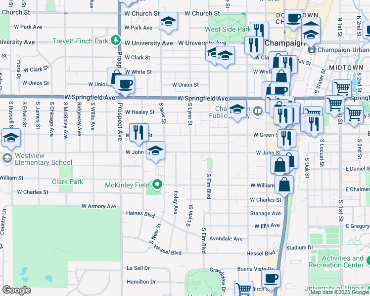 map of restaurants, bars, coffee shops, grocery stores, and more near 605 West Green Street in Champaign