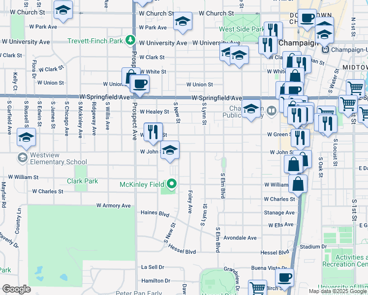 map of restaurants, bars, coffee shops, grocery stores, and more near 701 West Green Street in Champaign