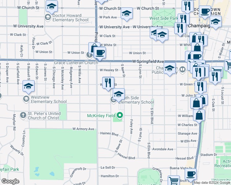 map of restaurants, bars, coffee shops, grocery stores, and more near 711 West Green Street in Champaign