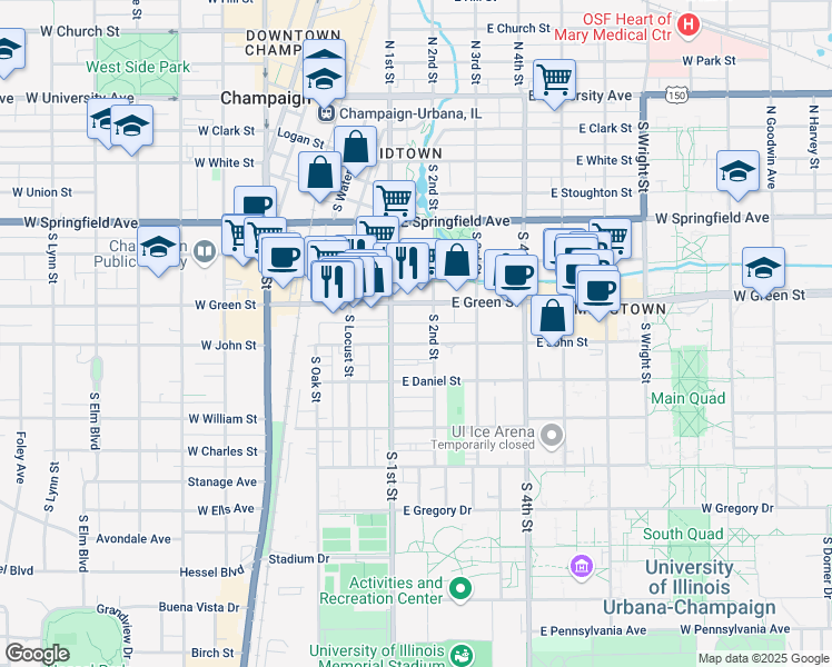 map of restaurants, bars, coffee shops, grocery stores, and more near 108 East John Street in Champaign