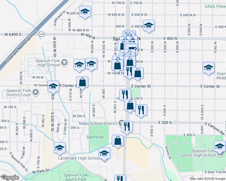 map of restaurants, bars, coffee shops, grocery stores, and more near 30 South 100 West in Spanish Fork