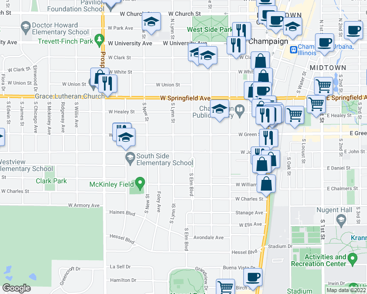 map of restaurants, bars, coffee shops, grocery stores, and more near 507 West Green Street in Champaign