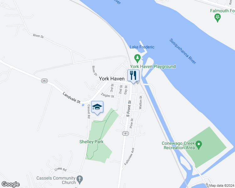 map of restaurants, bars, coffee shops, grocery stores, and more near 40 2nd Street in York Haven