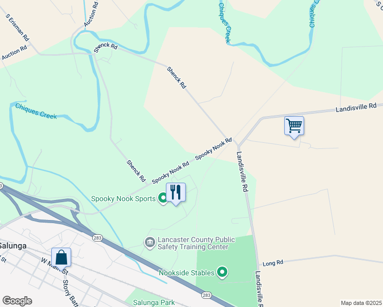map of restaurants, bars, coffee shops, grocery stores, and more near 3016 Spooky Nook Road in Manheim
