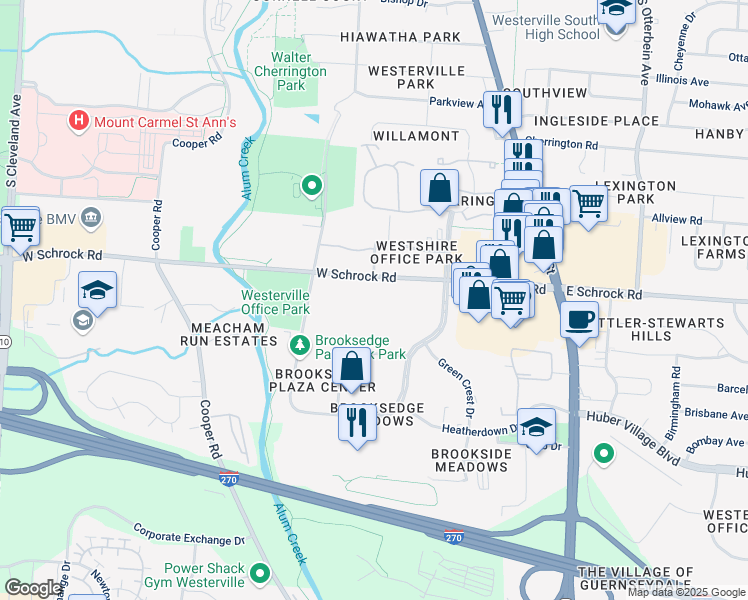 map of restaurants, bars, coffee shops, grocery stores, and more near 235 West Schrock Road in Westerville