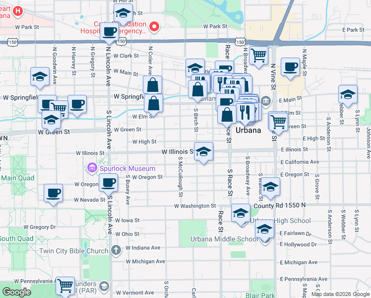 map of restaurants, bars, coffee shops, grocery stores, and more near 402 West High Street in Urbana