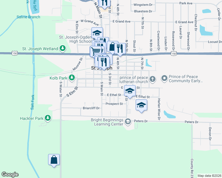 map of restaurants, bars, coffee shops, grocery stores, and more near 207 South 3rd Street in Saint Joseph