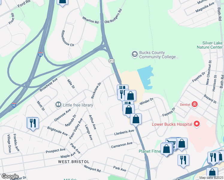 map of restaurants, bars, coffee shops, grocery stores, and more near 1309 Woodbine Avenue in Bristol