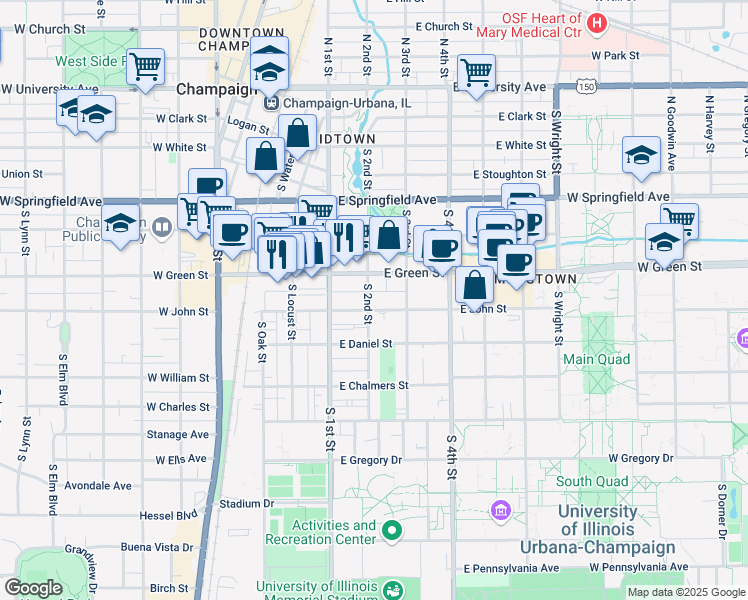 map of restaurants, bars, coffee shops, grocery stores, and more near 202 East John Street in Champaign